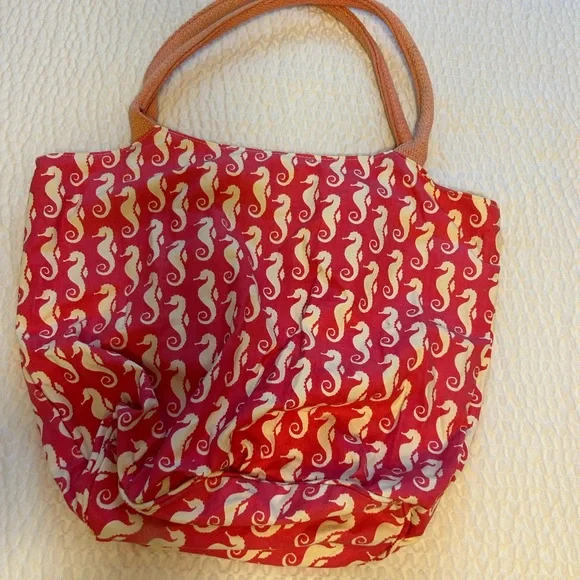 Seahorse Print Tote Bag in Red and Cream - Picture 5 of 7